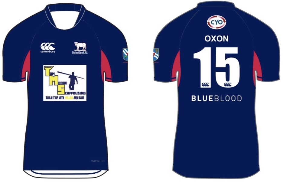 Oxfordshire County Rugby playing shirt carrying the Tom Moore Scaffolding logo